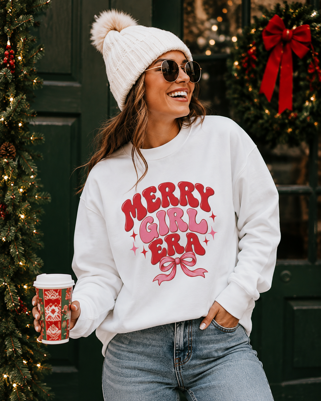 Coquette Christmas Hoodie, Merry Girl Era Pink Bow Pullover, Girly Pink Holiday Hoodie, Christmas Gift for Her, Bow Hoodie