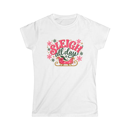 Sleigh All Day Shirt, Pink Christmas T Shirt Women, Retro Holiday Tee, Funny Xmas Shirt, Cute Christmas Gift for Her, Sleigh Graphic Top