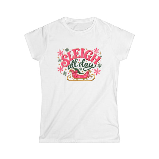 Sleigh All Day Shirt, Pink Christmas T Shirt Women, Retro Holiday Tee, Funny Xmas Shirt, Cute Christmas Gift for Her, Sleigh Graphic Top