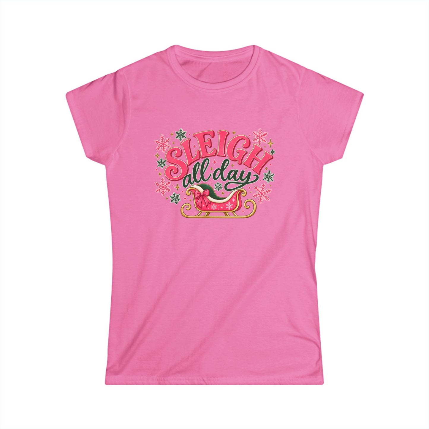 Sleigh All Day Shirt, Pink Christmas T Shirt Women, Retro Holiday Tee, Funny Xmas Shirt, Cute Christmas Gift for Her, Sleigh Graphic Top