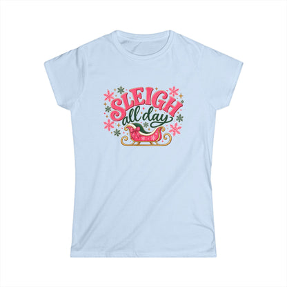 Sleigh All Day Shirt, Pink Christmas T Shirt Women, Retro Holiday Tee, Funny Xmas Shirt, Cute Christmas Gift for Her, Sleigh Graphic Top