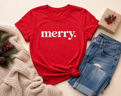 Merry Shirt Women, Minimalist Christmas T Shirt, Cute Holiday Tee, Red Xmas Shirt, Christmas Gift for Her, Simple Retro Merry Top