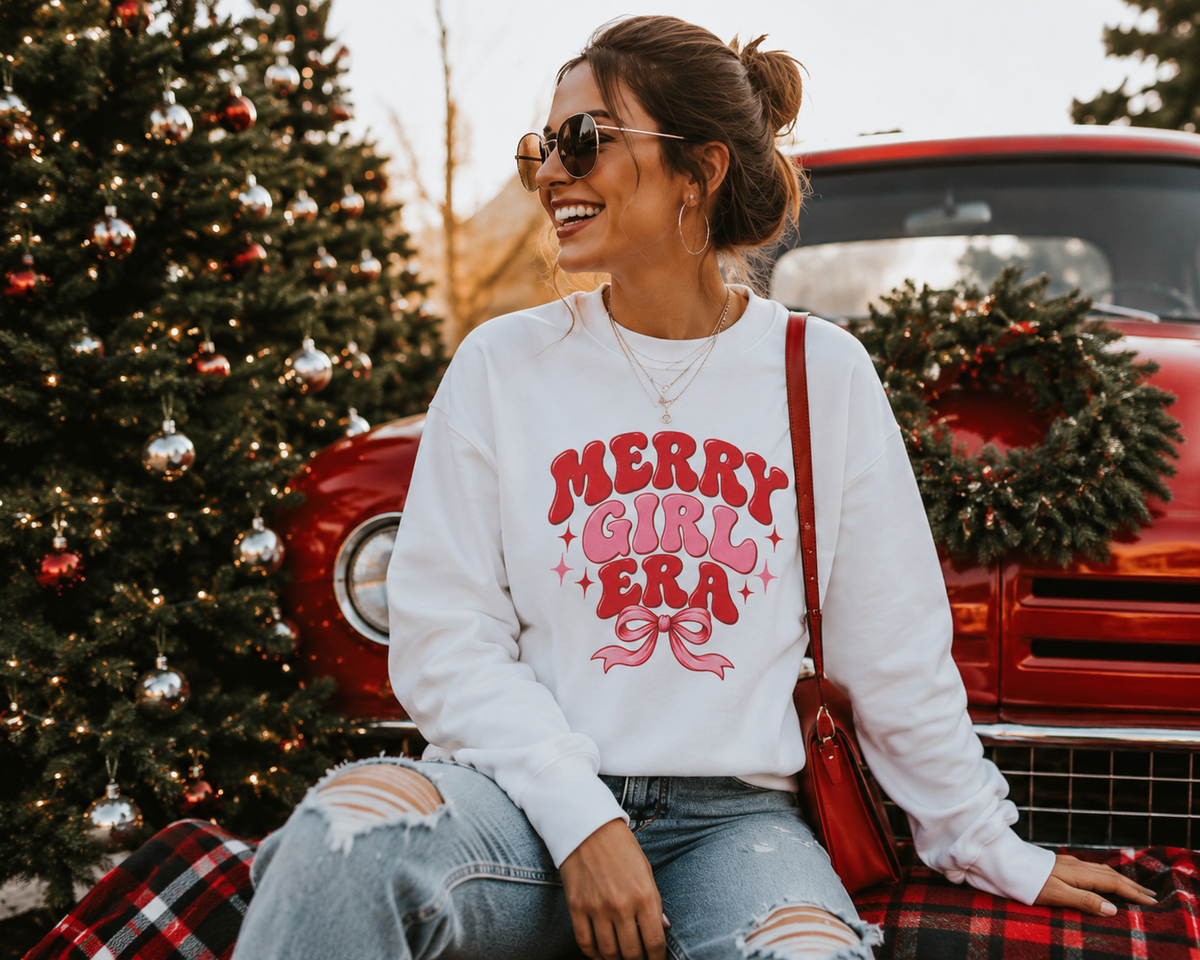 Coquette Christmas Hoodie, Merry Girl Era Pink Bow Pullover, Girly Pink Holiday Hoodie, Christmas Gift for Her, Bow Hoodie