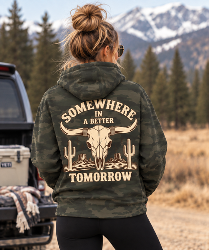 "Somewhere in a Better Tomorrow" Western Steer Skull Hoodie
