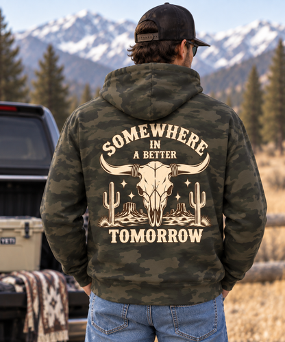 "Somewhere in a Better Tomorrow" Western Steer Skull Hoodie